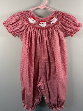 Classic Whimsy Red Gingham Santa Smocked Romper Size 6M NWT